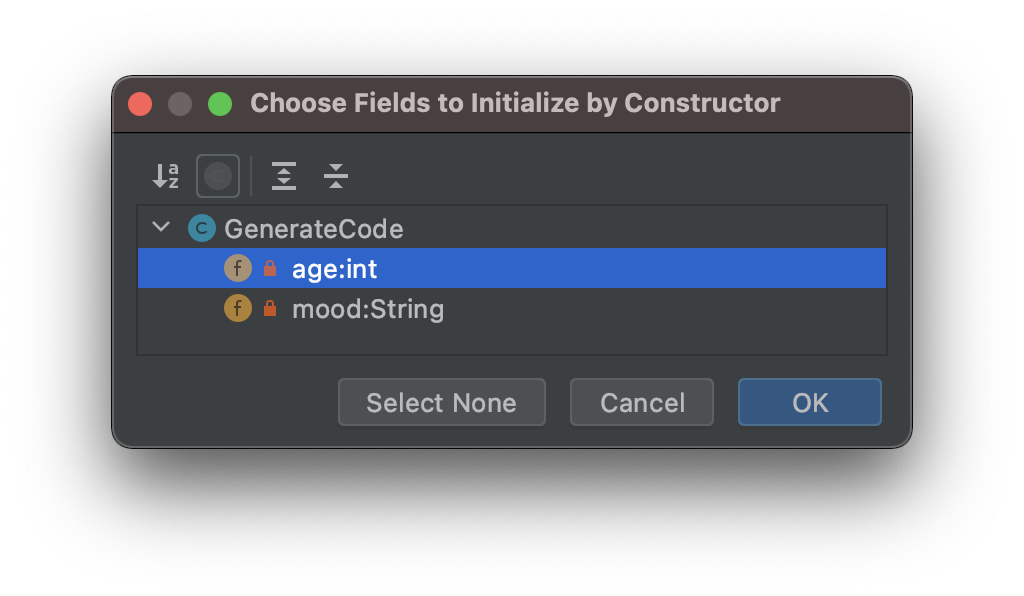 IntelliJ IDEA is asking us if we want to pass our fields into our Constructor. If we select both and click OK we have our Constructor with the parameters passed in. - 