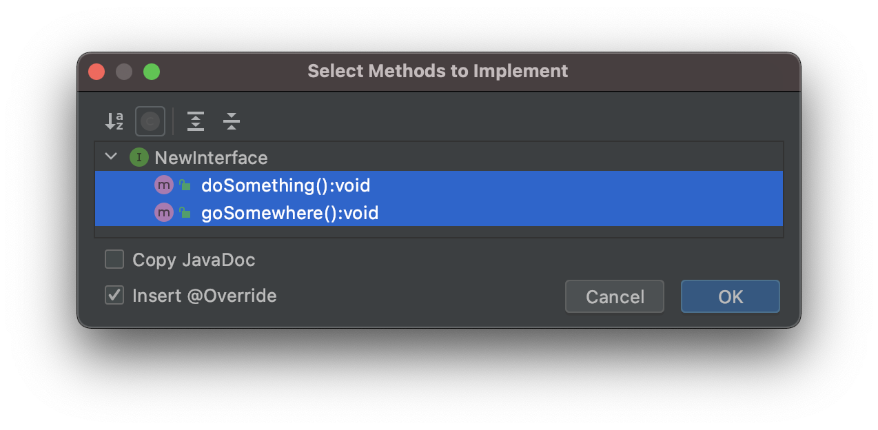  The keyboard shortcut is ⌃I on macOS, or Ctrl+I on Windows/Linux. This allows you to generate the code required to implement the methods in the Java interface that we're implementing with the @Override annotation. - 