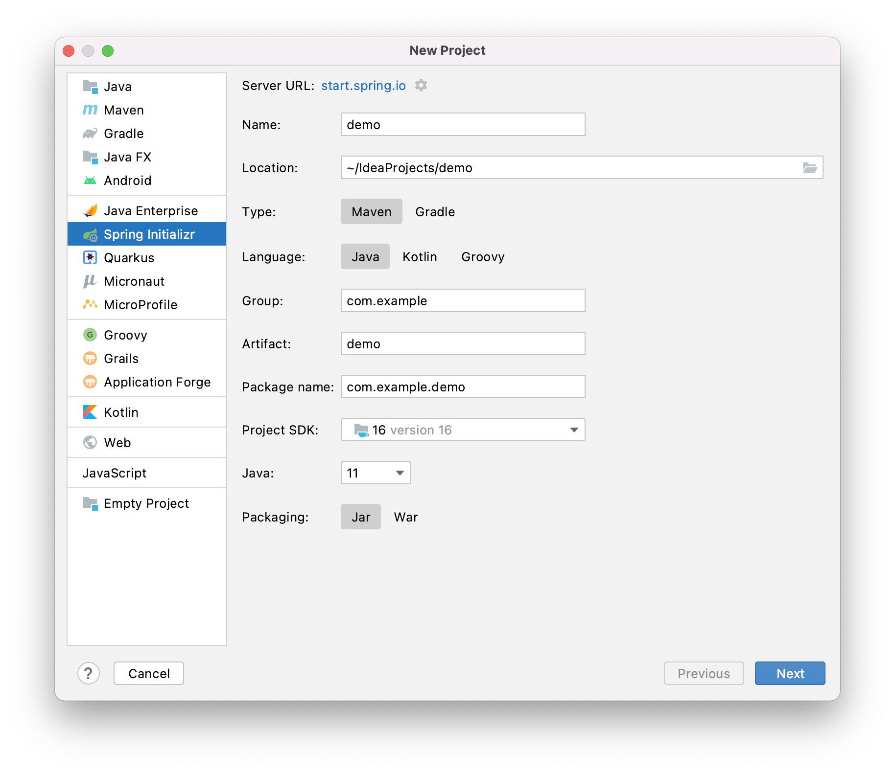 Spring Initializer Settings